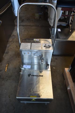 Commercial stainless steel Fryclone filter machine in good condition. Features control panel with instructions and caution labels.