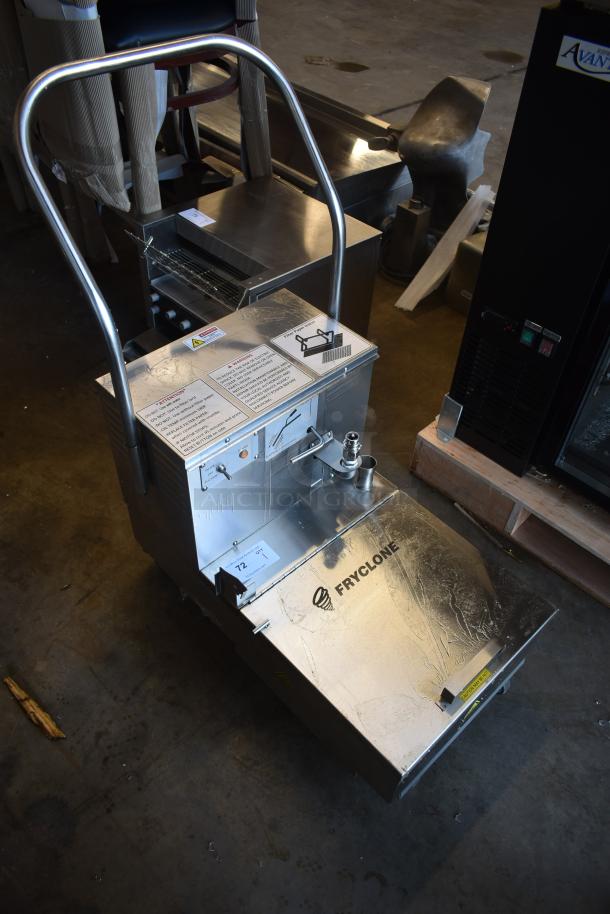 Fryclone stainless steel commercial fryer in excellent condition, with control panel, spout, and visible safety instructions.