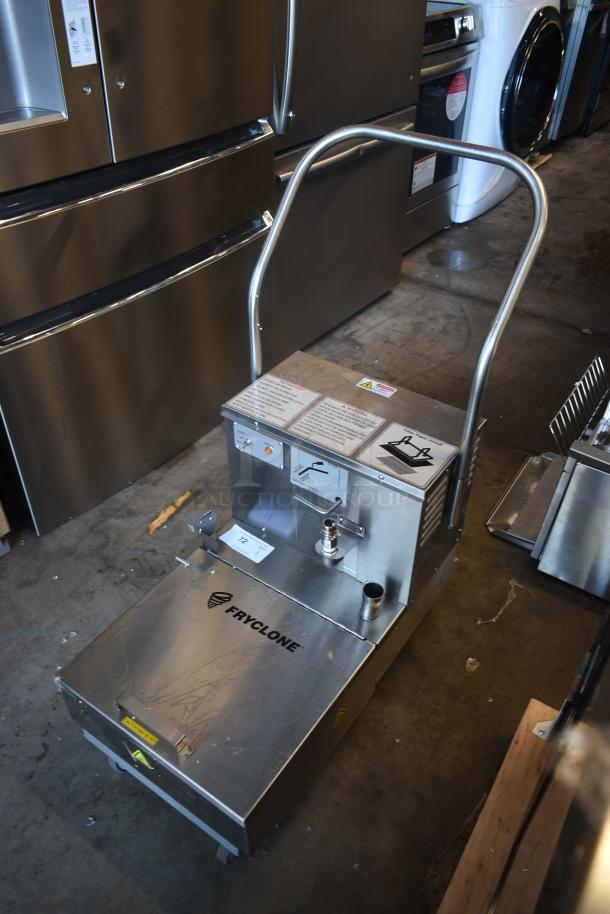 Fryclone commercial fryer filter machine, stainless steel, good condition, visible control panel and warning labels.