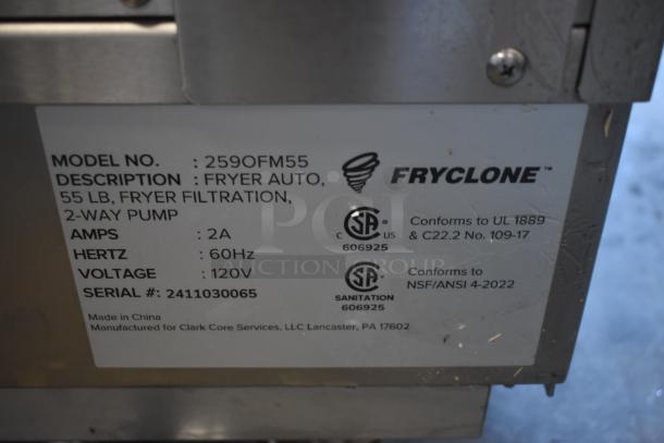 Fryclone 55 lb fryer, model 259OFM55, 2-way pump, 120V, 60Hz, 2A, CSA and NSF certified. Serial: 2411030065. Made in China.