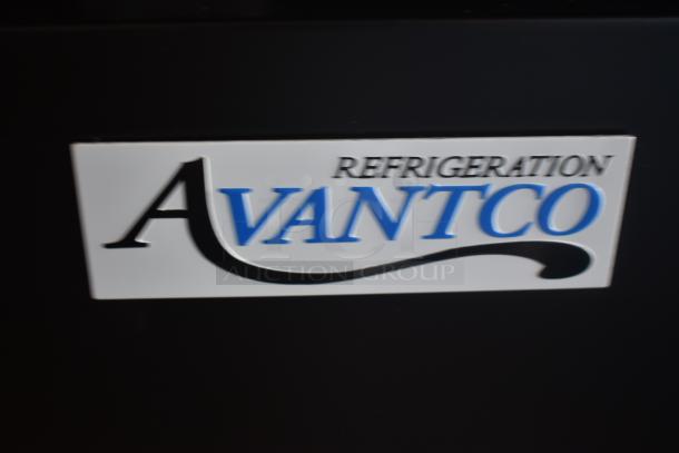 Avantco Refrigeration logo on a black surface, indicating a commercial refrigerator unit.