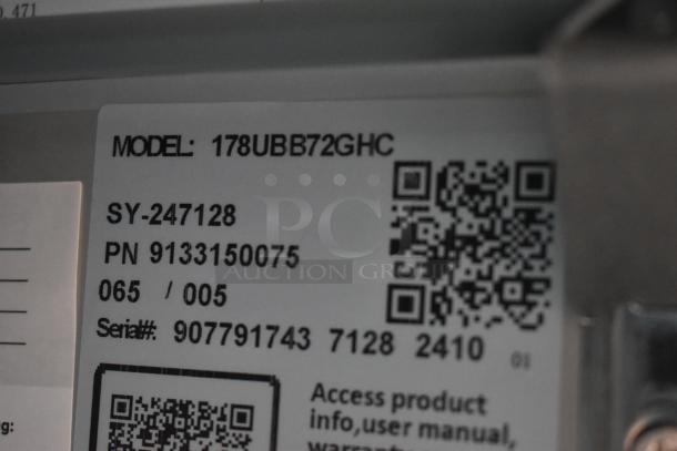 Label close-up: Model 178UBB72GHC, Part Number 9133150075, Serial #907791743, QR codes, access info.