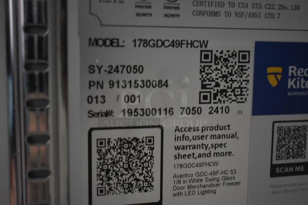 Label for Avantco GDC-49F-HC freezer, model 178GDC49FHCW, showing serial number, part number, and QR codes for product info.