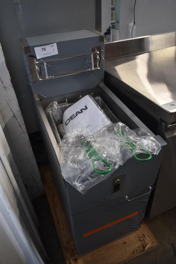 Dean commercial deep fryer, new condition, with protective plastic and tags, stainless steel, includes baskets.