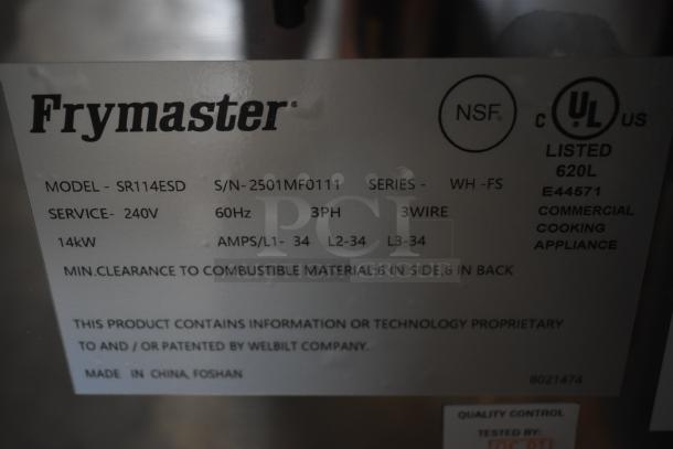 Frymaster commercial cooking appliance label, model SR114ESD, 240V, 14kW, NSF, UL certified, made in China.