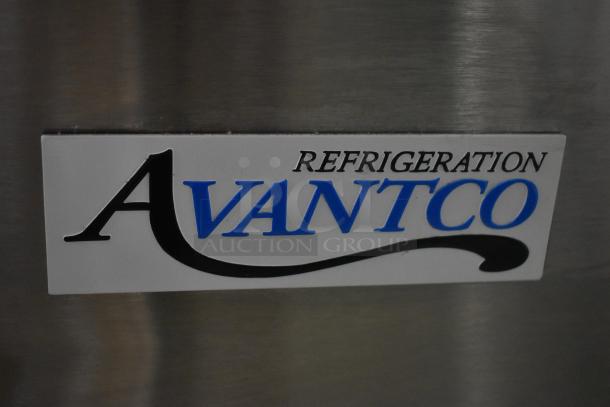 Avantco Refrigeration logo on stainless steel surface, indicating a commercial refrigeration unit.