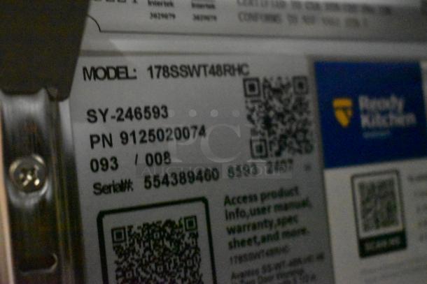 Silver metal appliance label with model 178SSWT48RHC and serial number 554389460. Includes QR codes and Rocky Mountain logo.