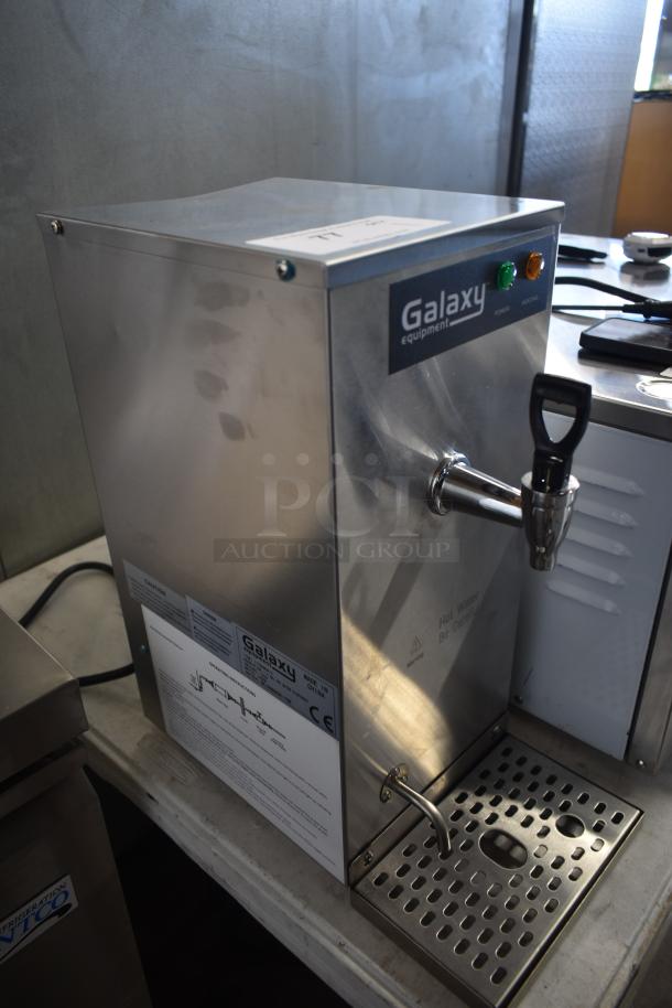 Galaxy Equipment hot water dispenser, stainless steel, with tap and drip tray, "Power" and "Heating" indicators, model details label.