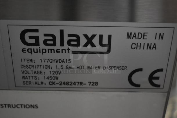 Label on a Galaxy equipment hot water dispenser. Item: 177GHWDA15, 1.5 gal, 120V, 1450W, Made in China. Serial: CK-240247R-720.