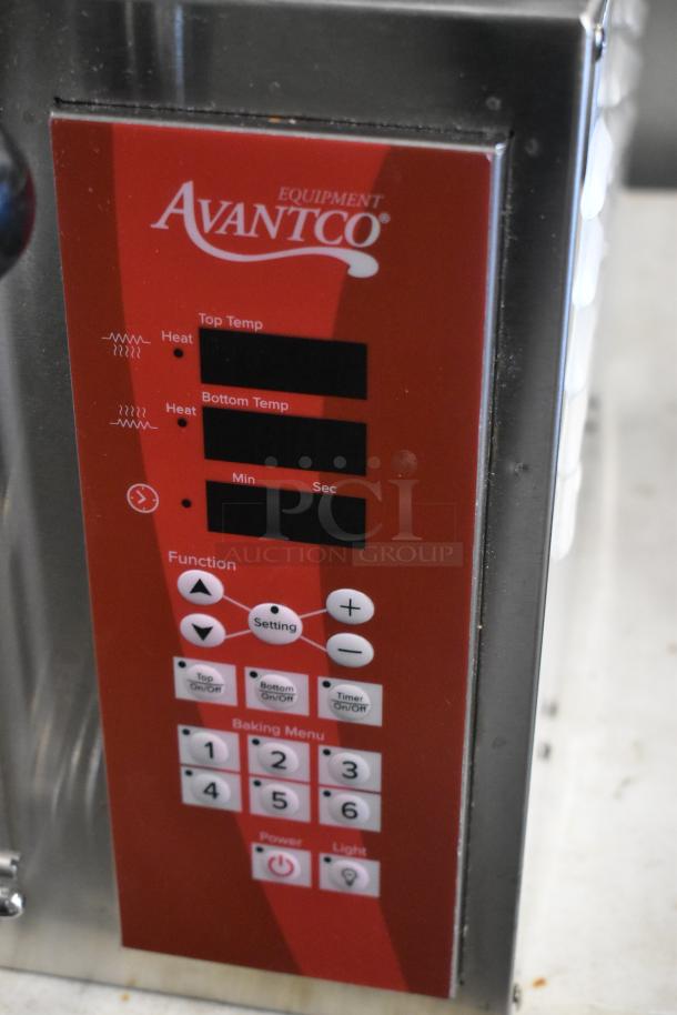 Avantco oven control panel, red with digital display, top/bottom temp settings, baking menu, and power buttons.