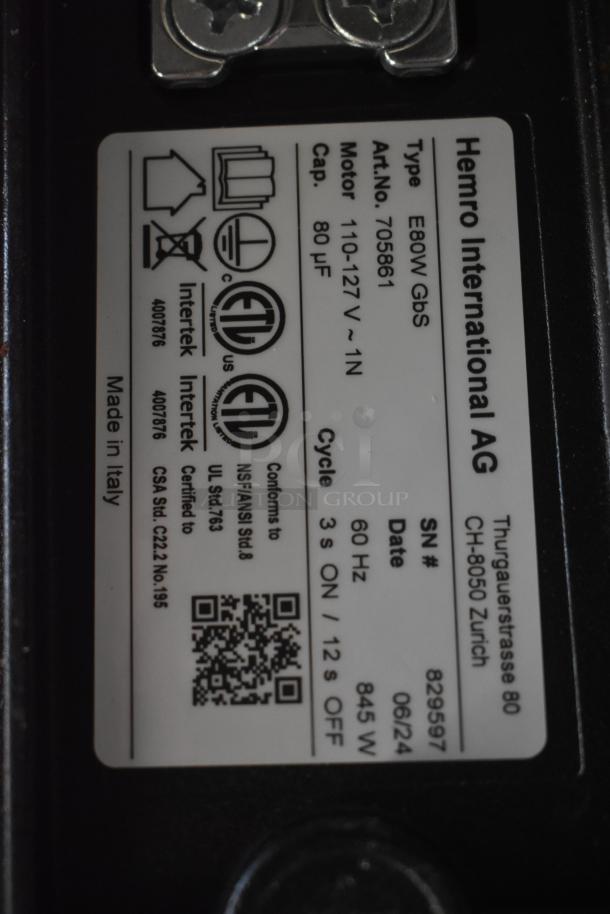 Hemro International AG motor label, Model E80W GbS, 110-127V, 60Hz, 845W, 80μF, made in Italy, certification marks visible.
