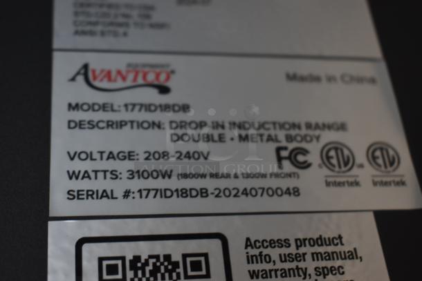Label for Avantco drop-in induction range, model 177ID18DB, 3100W, 208-240V, metal body, serial 177ID18DB-2024070048.