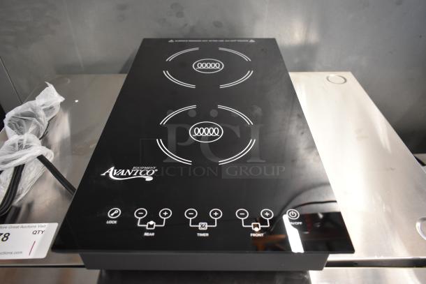 Avantco double induction cooktop, black, touch controls, excellent condition, model highlighting dual burners and timer functions.