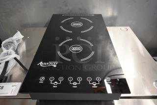 Avantco double induction cooktop, black, touch controls, excellent condition, model highlighting dual burners and timer functions.