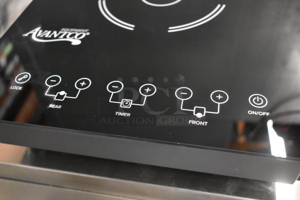 Black Avanico induction cooktop with touch controls for lock, timer, power, front, and rear adjustments.