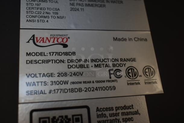 Alt text: Avantco drop-in induction range label shows model 177ID18DB, metal body, 3100W, 208-240V, made in China.