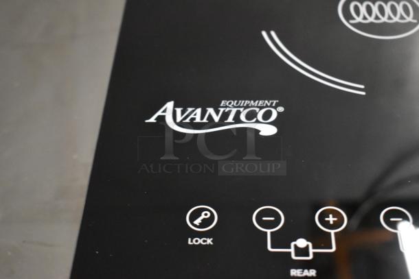 Avantco induction cooktop control panel with lock feature, sleek black surface, logo prominently displayed.