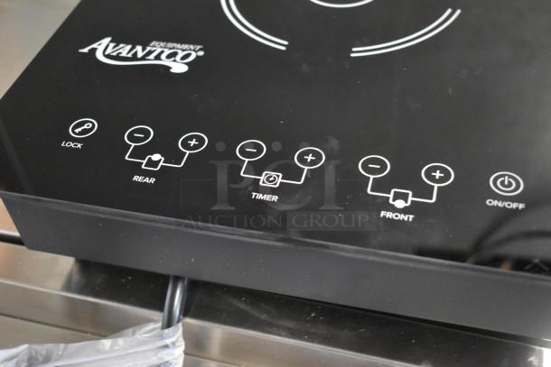 Avantco equipment black induction cooktop, touch controls for lock, timer, rear and front burners, and on/off. Excellent condition.