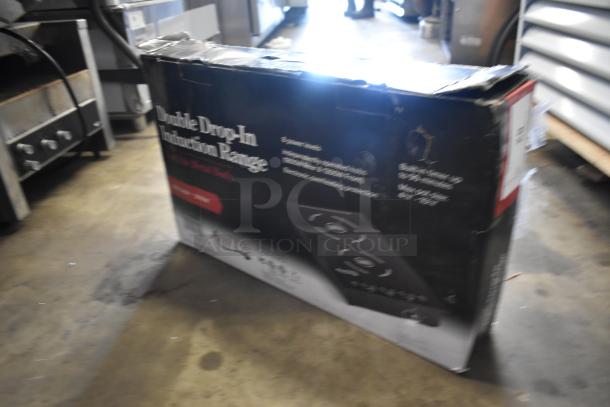 Boxed Avantco double drop-in induction range, Model ID18DB, new condition, 1800-watt power, visible product details.