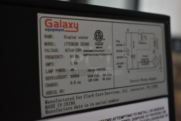 Galaxy display cooler label showing model 177CRG3B, voltage AC110-120V, and refrigerant R600A. Made in China.
