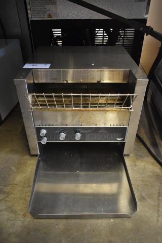 Conveyor toaster with stainless steel body, open chute, and 3 control knobs. Slightly used condition, item number 84.