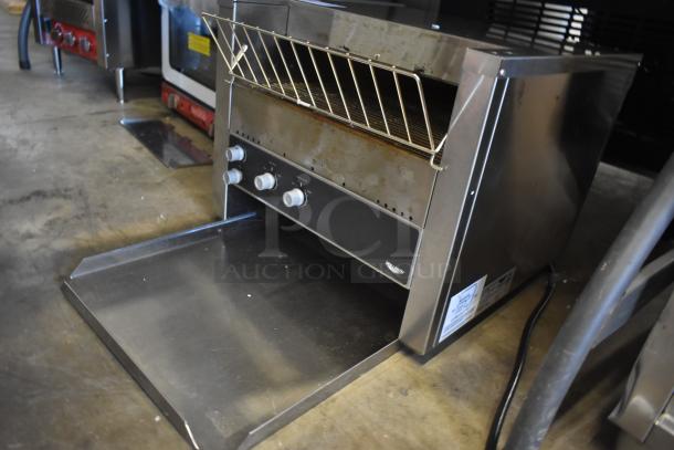 Commercial conveyor toaster, stainless steel, three control knobs, wide opening, used condition, suitable for high-volume use.