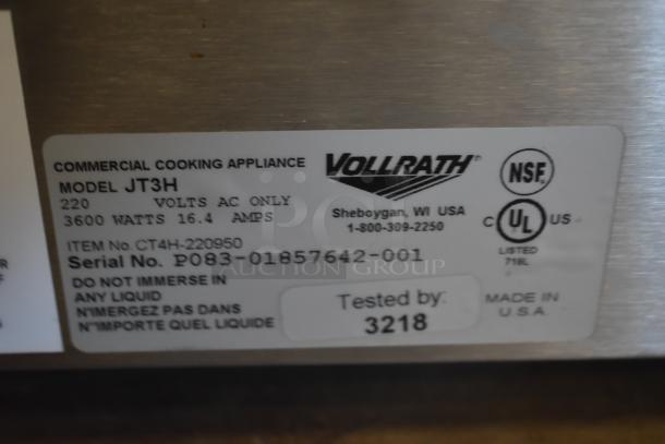 Vollrath JT3H commercial cooking appliance label, 220V, 3600W, 16.4A, serial P083-01857642-001, NSF and UL listed, Made in USA.