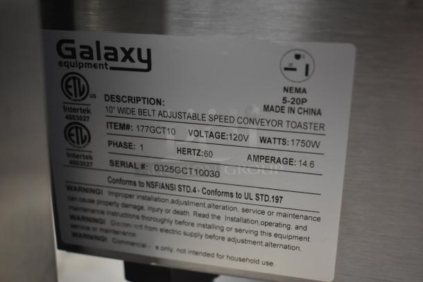 Galaxy equipment label on a 10" conveyor toaster; 120V, 1750W, serial 0325GCT10030. ETL listed, made in China.