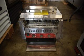 Stainless steel commercial conveyor toaster, Redco brand, with red control panel, three adjustment dials, and caution labels.