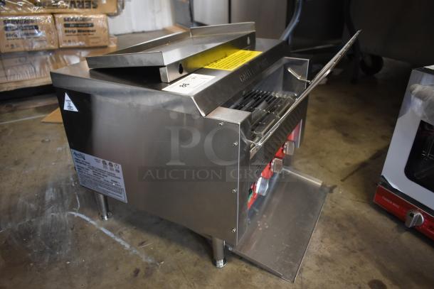 Stainless steel commercial toaster with adjustable control knobs, safety markings, and brand label, in excellent condition.