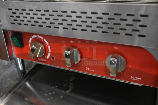 Avantco stainless steel toaster with red control panel, dual knobs for top and bottom elements, and an on/off switch.