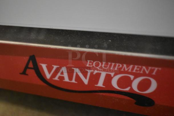 Avantco Equipment label on a commercial appliance, featuring red and white branding. Condition appears good.