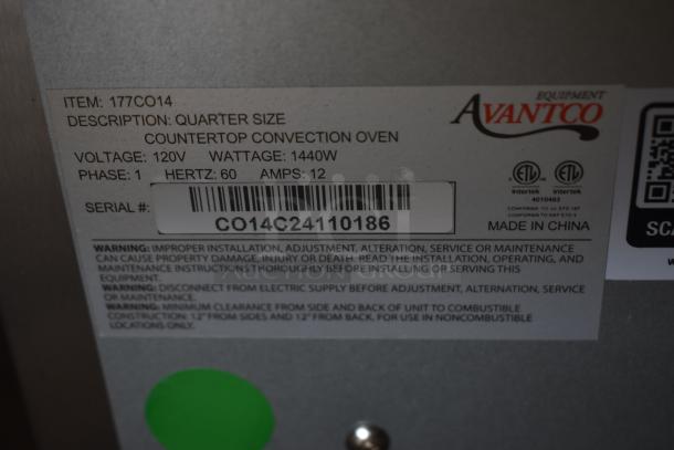 Avantco countertop convection oven label showing model 177CO14, 120V, 1440W, with warnings and serial number CO14C24110186.