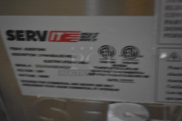 Label for Servit item, electric steam table. Includes model, serial number, voltage (208V), wattage (1500W). Commercial use.