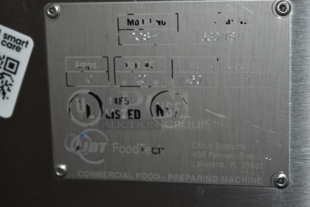 JBT FoodTech commercial food-preparing machine label, model 768-1, 10 Amps, 120 Volts AC, UL listed, NSF certified.
