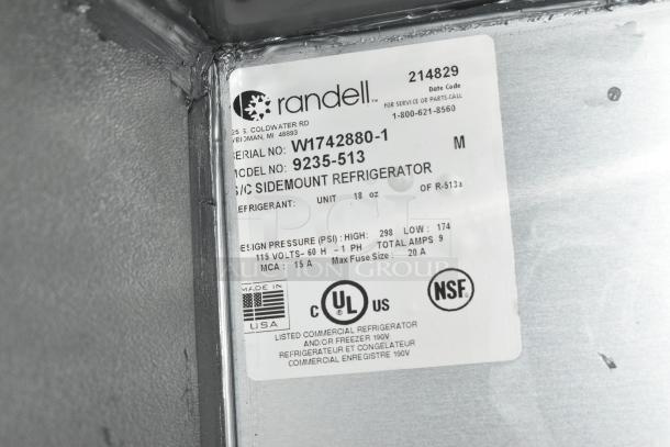 Label of Randell sidemount refrigerator, model 9235-513, serial W1742880-1, uses R-513a refrigerant. UL and NSF certified.