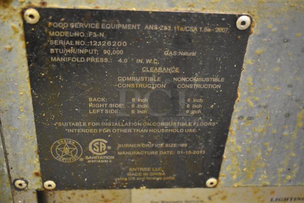 Label on food service equipment model F3-N, serial 12126200. Natural gas, 90,000 BTU/hr input. Manufactured 01-15-2013.