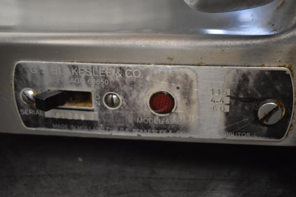G.S. Blakeslee & Co. Model 690 kitchen appliance with on/off switch, serial number 61289, visible wear and rust on metal surface.