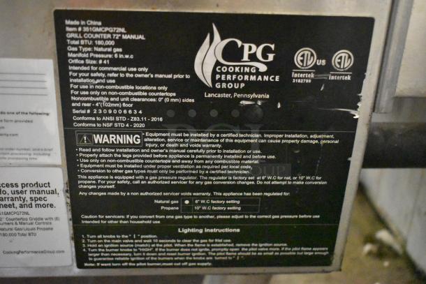 Cooking Performance Group grill label, model GRILL COUNTER 72" MANUAL, uses natural gas, 160,000 BTU. Serial: 2309006634.