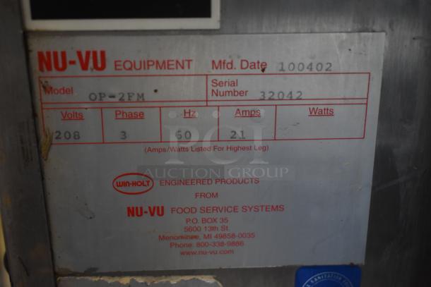NU-VU food service equipment label showing Model OP-2FM, Serial 32042, 208 Volts, 3 Phase, 21 Amps.