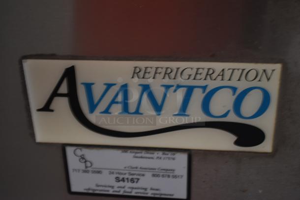 Avantco refrigeration unit label with model S4167, contact info for service, minor wear visible.