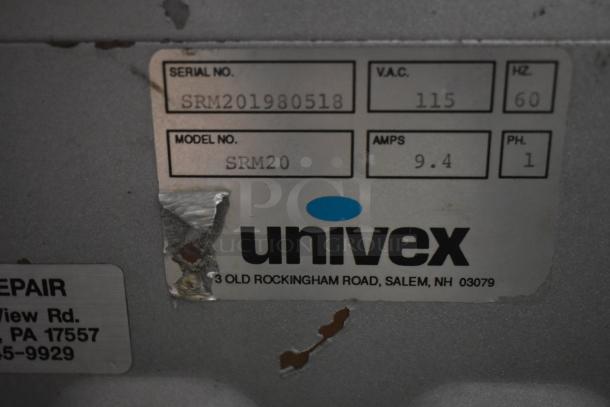 Univex SRM20 serial no. SRM201980518 label, 115V, 60Hz, 9.4A, model details, address in Salem, NH.