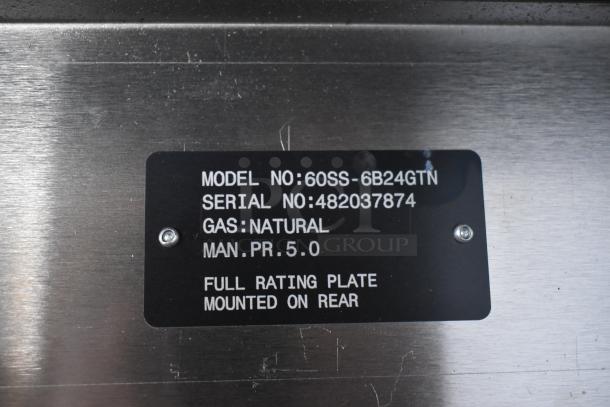 Metallic equipment label showing model: 60SS-6B24GTN, serial: 482037874, gas: natural, pressure: 5.0, rear rating plate.