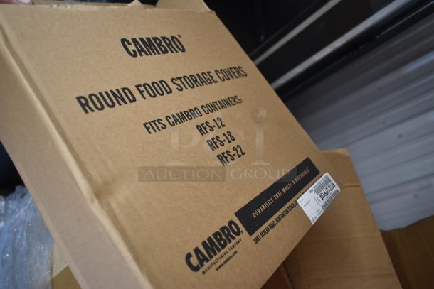 Cambro round food storage covers box, fits RFS-12, RFS-18, RFS-22 containers, durability marked on label.