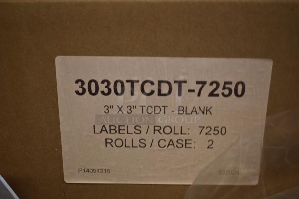 Box of 3" x 3" blank TCDT labels, 3030TCDT-7250. Contains 7,250 labels per roll, 2 rolls per case.
