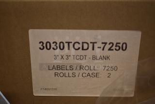 Box of 3" x 3" blank TCDT labels, 3030TCDT-7250. Contains 7,250 labels per roll, 2 rolls per case.