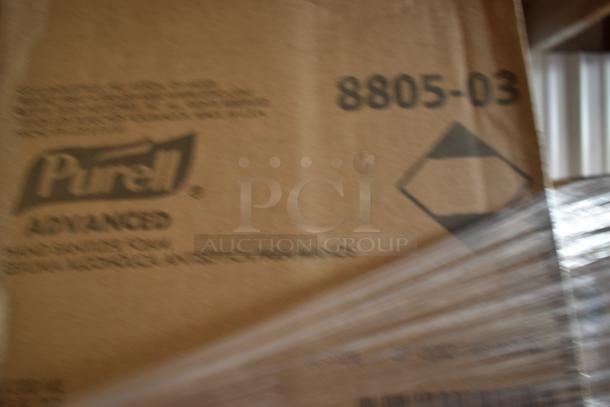 Blurred cardboard box labeled "Purell Advanced" and "8805-03," partially wrapped in plastic.