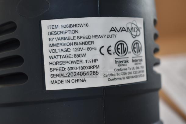 Avamix immersion blender label showing model 928IBHDW10, 10" variable speed, 120V, 850W, 1¼ HP, serial 2024054285.