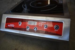 Avantco induction cooktop, stainless steel, digital controls, LED display, features power level, temp, and timer settings.