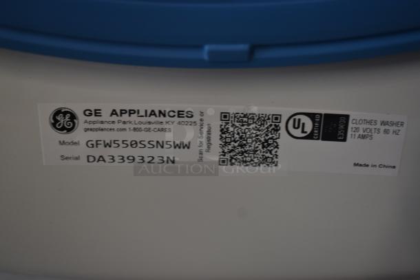 GE clothes washer label, model GFW550SSN5WW, serial DA339323N, UL certified, 120 volts, 11 amps, made in China.